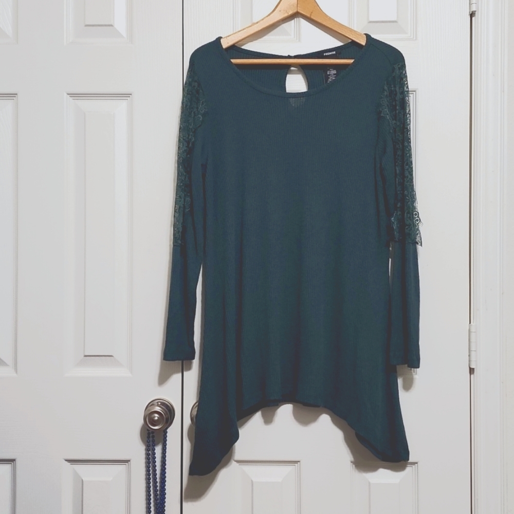 Women's Premise Long Sleeve Tunic Blouse with lace on arms.